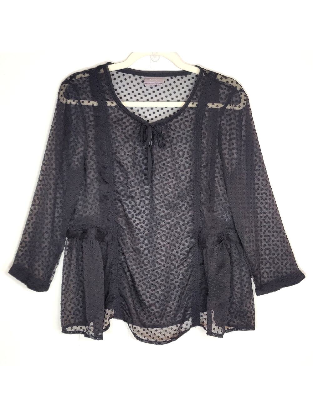 Anthropologie Vanessa Virginia Sheer Swiss Dot Blouse‎ Tie Neck Black Boho S